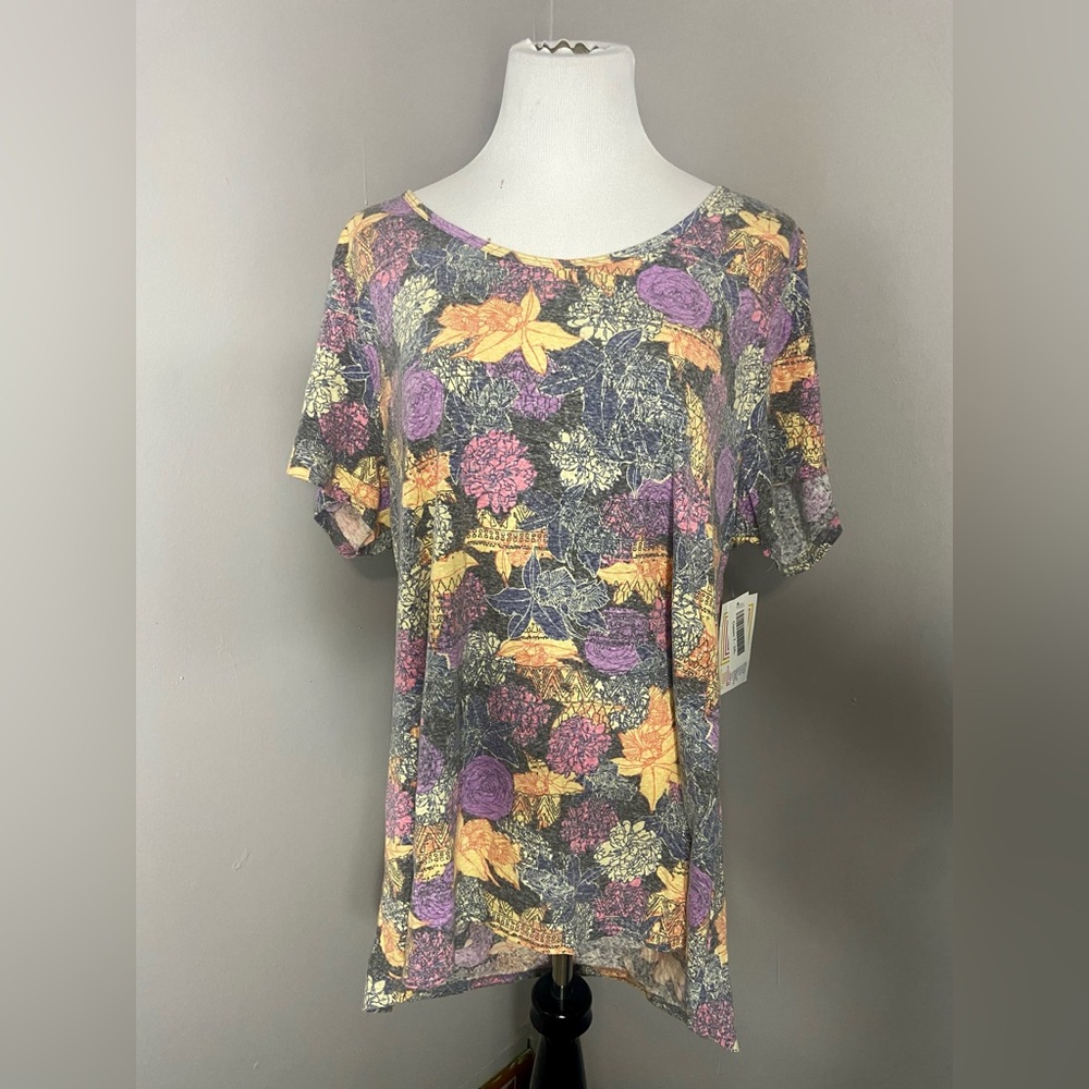 LuLaRoe Classic T Shirt Gray Yellow Purple Pink Floral Short Sleeve